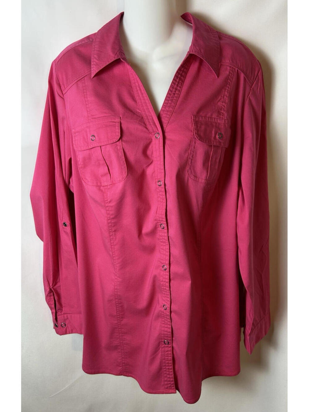 Denim & Co. Tunic Length Snap Front Red Long Sleeve Top   Size 1X   NWOT